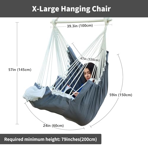 Image of CHULIM Hanging Hammock Chair Swing MAX 500 lbs Outdoor Hanging Chair with Footrest Indoor Swing Chair with Portable Steel Spreader Bar and Hardware Kit for Bedroom Living Room Patio Porch - Dark Grey