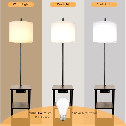 Image of Qupui Floor Lamp with Table, USB Charging, Fabric Basket, Brown