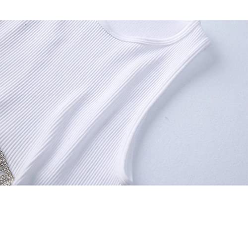Lauweion Women’s Rhinestones Tassel Sleeveless Crop Top Diamond Decoration Fringe Racer Back Ribbed Knit Crop Tank Top White #TOP3