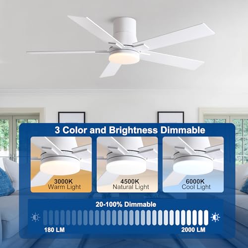 Image of Rayqueen 52 Inch Flush Mount White Ceiling Fans with Lights and Remote