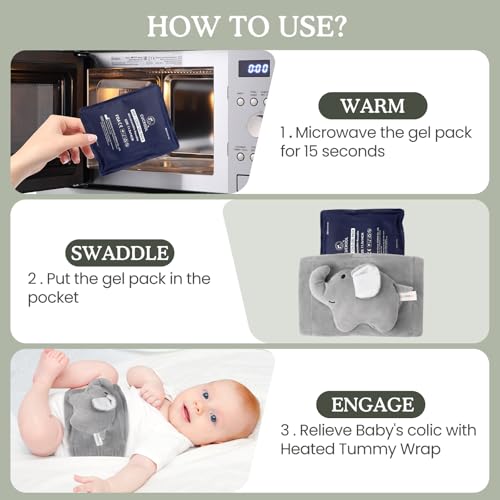Image of Baby Colic and Gas Relief, Heated Tummy Wrap for Newborns Belly Relief by Soothing Warmth, Baby Heating Pad Swaddling Belt Relief & Soothe Gas, Colic and Upset Stomach for Newborn to Toddler(Elephant)