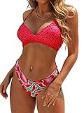 Picture of ZAFUL Women's Sexy Triangle Bikini Set Watermelon Print Spaghetti Strap 2 Piece Swimsuit Crisscross Low Cut Bathing Suit Red M