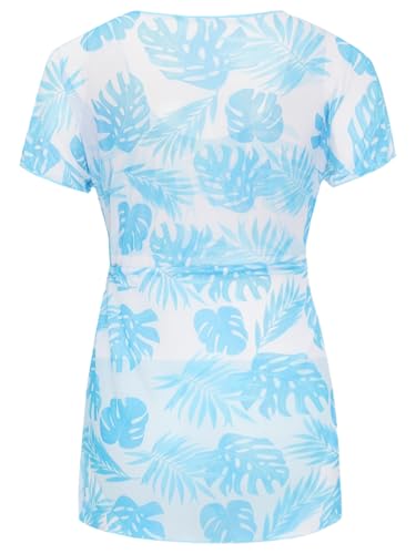 Kids Girls 3-Piece Tropical Print Straps Swim Tops and Bottom Bikini Swimsuit Mesh Belted Coverups Set4