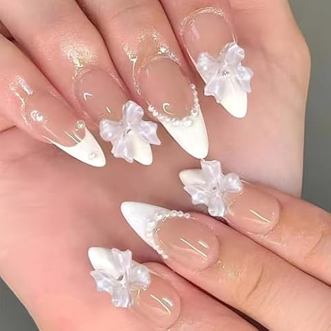Foccna Almond Medium Pearl White Press On Nails Cover