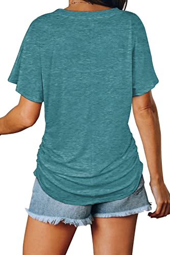 Image of WIHOLL Womens Summer T-Shirts Short Sleeve V Neck Dolman Tops with Side Shirring Loose Fit Shirts Spring Fashion