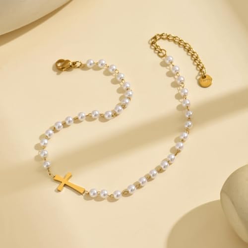 Image of 18K Gold Plated Boho Beaded Anklets for Women Dainty Gold Layered Round Ball Ankle Bracelet Pearl Cross Anklet Bracelet Waterproof Gold Jewelry