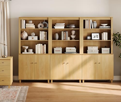 Image of WAMPAT 71 inch Tall Bookcase with Doors & Storage Cabinet, 3 Column Modern 5-Tier Bookshelf with Adjustable Shelf, 106 inch Wide Wooden Display Book Shelf for Home Office, Living Room, Bedroom, Oak