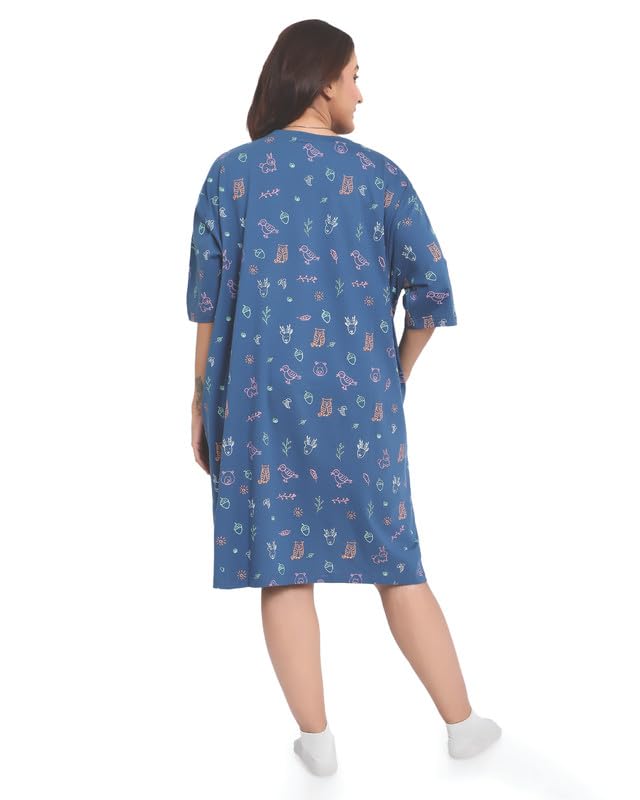 Image of LAMA STORE Women's Printed Oversized T-Shirt Dress, Cotton, 3 /4 Sleeve Length, Casual Loose Fit, Comfort Wear Extra Comfy Oversized Printed Pocket T-Shirt Dress