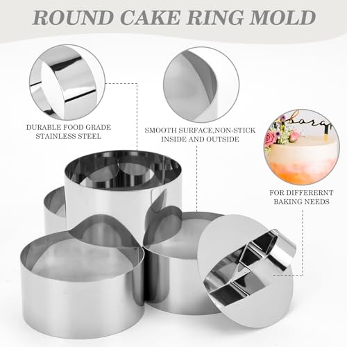 JTisiafly 4-Pack 3 Inch Stainless Steel Baking Ring Molds with Pusher - Professional Food Ring Mold for Cooking & Baking, Easy Release Crumpet Rings, Dishwasher Safe & Leak-Proof Silver Kitchen Tools