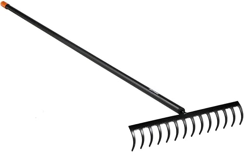 Fiskars 1016036 - Rastrillo de dientes curvo, 14 dientes de ancho, 14.2 in, cabeza de acero al carbono endurecido, mango de aluminio, color negro y