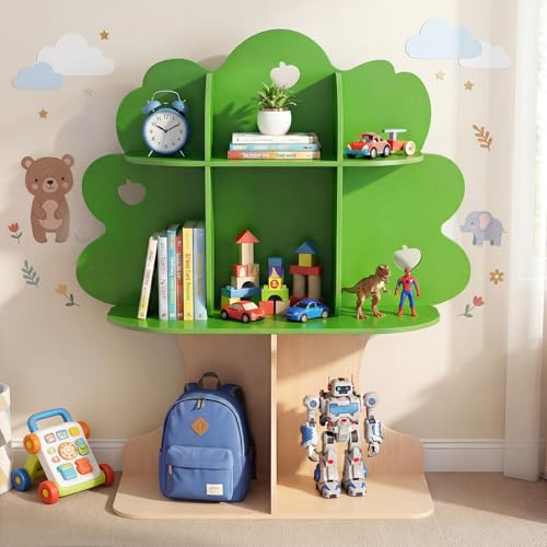 Olakids Tree Bookshelf for Kids 3-Tier Montessori Bookcase Space-Saving Freestanding Storage Organizer for Books Toys Wooden Book Shelf for Toddlers 3+ Years