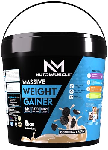 Image of Nutrimuscle Massive Weight Gainer for Men & Women, 6 Kg - Cookies & Cream Flavour | High Calorie Formula with Complex Carbohydrates & Protein for Healthy Weight Gain