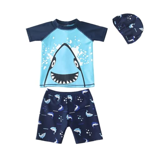 FedMois Boy Swim Set, 3 Pieces Set Swim Shirt + Swimming Shorts + Swimming Cap, Shark Blue, 3-4 Years