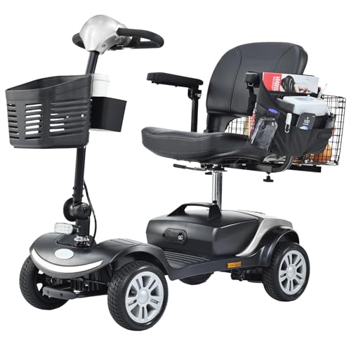Foldable Mobility Scooters for Adults & Seniors, Lightweight Powered Motorized Wheelchair Handicap Scooters, 300 lbs Capacity, 4 Wheel Outdoor Electric Mobility Scooter, 10 Miles Range (Silver)