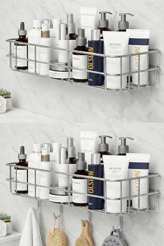 Image of SaleOn Stainless Steel Lifetime Rust Free Self Adhesive Shelf Rack Set of 2 for Kitchen & Bathroom | No Drill Wall Mount Sink Organizer with Hooks | Kitchen Sink Wall Organiser | 1 Year Warranty