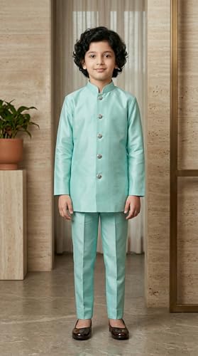 Image of AHHAAAA Kids Ethnic Silk Blend Waistcoat Kurta Pyjama 3 Piece Sherwani Set For Boys |540|