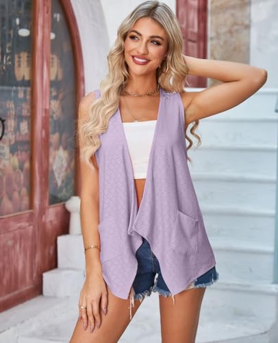Image of jinghuiyue Women's Lightweight Cardigan Summer Hollow Out Sleeveless Cardigan High Low Hem Draped Open Front Vest with Pocket