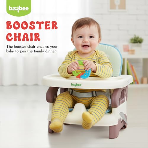 Image of Baybee Portable Baby Booster Chair for Feeding | Folding Dining Chair for Baby with 2 Level Height Adjustable, Food Tray, Safety Belt | Infant Sitting Chairs for Kids 6 Months to 3 Years (Brown)