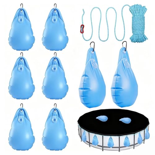 8 Pack Pool Cover Weights with Hooks & 65.6Ft Rope, Swimming Pool Cover Hanging Bag Thick PVC Water...