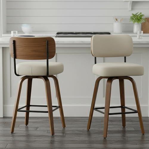 Image of Swivel Bar Stools Set of 2, 30 inch Upholstered Bar Height Stools with Back and Walnut Wood Legs, Faux Leather Barstools for Kitchen Counter, Beige Gray