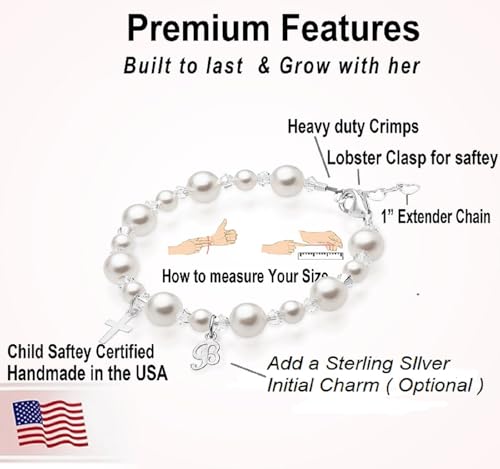 Image of Baby Crystals Personalized White Pearl Bracelets for Girls, Sterling Silver Initial & Cross Charm, Created with Swarovski Pearls and Crystals, Baptism, Communion, Christening Jewelry Gift
