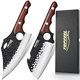 Topfeel 2PCS Butcher Cleaver Knife Set- Meat Clvear Knife & Tactical Chopper Knife, Hand Forged Meat Cutting Chopping Knife for Home, Outdoor Cooking, Camping BBQ