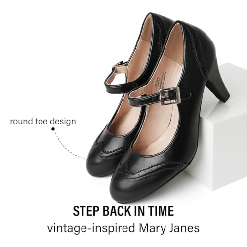 J. Adams Kym Mary Jane Shoes Women Oxford Pumps - Cute Low Kitten High Heels - Retro Vintage Shoes for Women 1950s Mary Janes Round Toe Shoe with Ankle Strap