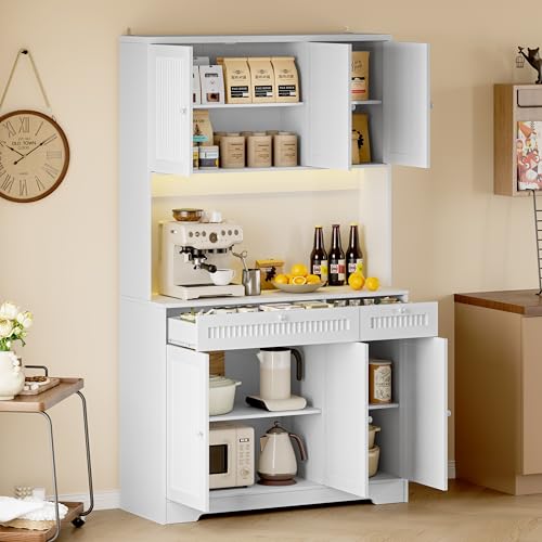 Image of BORNOON Pantry Cabinet with Charging Station and Light, Tall Kitchen Pantry Storage Cabinet with Microwave Stand, Wide Fluted Kitchen Hutch with Storage Drawers and Adjustable Shelves for Dining Room