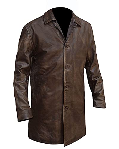 SpazeUp Men's Distressed Brown Leather Coat – 3/4 Length Vintage Style Real Leather Jacket Coat for Men