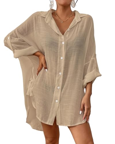 Image of Bsubseach Linen Bathing Suit Cover Up Shirt Women Button Down Beach Cover Ups Split Tie Swimsuit Coverup Blouse Apricot XL