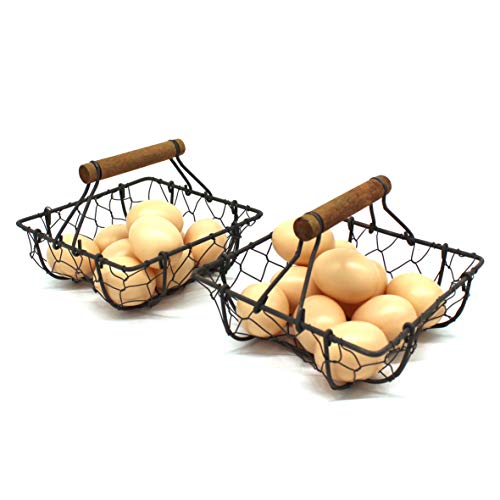 CVHOMEDECO. Chicken Wire Egg Baskets Rust Gathering Baskets with Wooden Handle Country Vintage Style Storage Baskets. Set of 2 (Square) - Image 2