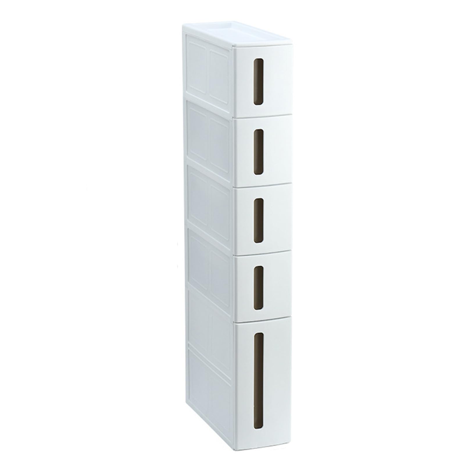 Cassettiera verticale stretta a 5 livelli con ruote e cassetti, sottile nizer da bagno per piccoli spazi, soluzione salvaspazio a torre