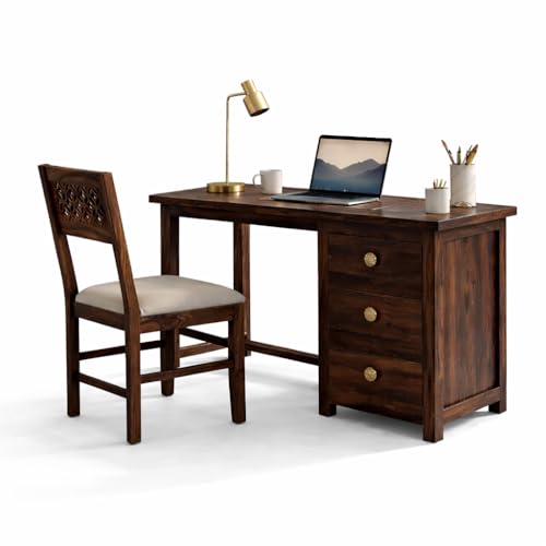 Image of Solid Sheesham Wood Study Table with 3 Drawers & Chair Set - Dark Walnut Finish Writing Desk for Home Office, Bedroom & Study Room, Durable Wooden Computer Desk with Storage