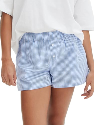 Image of Y2k Plaid Shorts Cute Baggy Ginghem Boxer Shorts for Women Checked Lounge Pajama Bottom Preppy Sleep Pj Shorts