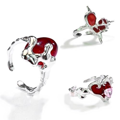 Josphlies Silver Y2K Rings Jewelry,Punk Heart Ring With Ruby,Irregular Molten Liquid Design Stacking Rings Set For Women Girls,Crystal Birthstone Rings,Women'S Personalized Statement Rings Gift cover