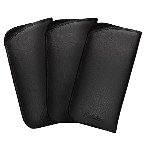 Image of Calabria Slim Faux Leather Eyeglass Case Soft Slip-In Design [Black without Clip - 3 Pack] | Compact Protective Pouch | Soft Case for Glasses | Lightweight Sunglass Storage