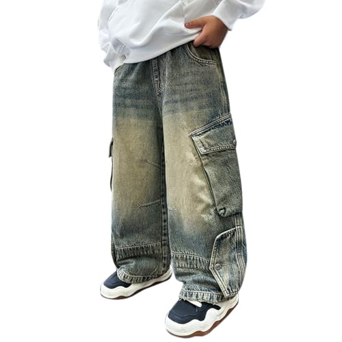 Boy's Elastic Waist Loose Cargo Pants Casual Preppy Sweatpants with Pockets Cargo Jeans for Boys