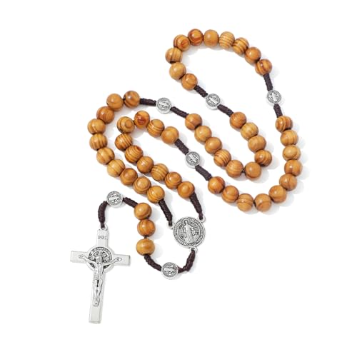 Komi Handmade Wood St Benedict Rosary Beads - Catholic Christian Gifts for Men