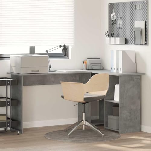 Ziaphsol Escritorio esquinero de hormigón gris de madera de 142 x 102 x 73 cm, escritorio para ordenador y oficina con estante, espacio de almacenamiento para oficina en casa, estudio y uso portátil