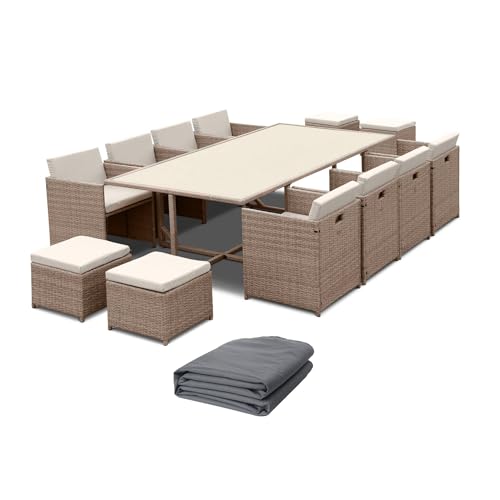 sweeek - Table de Jardin encastrable résine tressée + 12 assises Beige. Coussins Beige. Table encastrable + Housse de Protection Gris foncé Polyester
