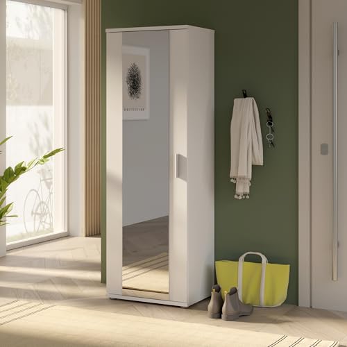 Forte NET106 weißer Schuhschrank 50, schmaler Flurschrank mit 6 Einlegeböden und Spiegelfront, Flur, Diele, Holzwerkstoff, Weiß, 50,2 cm breit x 179,1 cm hoch x 34,8 cm tief Forte NET106 weißer Schuhschrank 50, schmaler Flurschrank mit 6 Einlegeböden und Spiegelfront, Flur, Diele, Holzwerkstoff, Weiß, 50,2 cm breit x 179,1 cm hoch x 34,8 cm tief