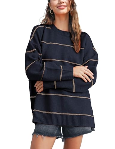 Womens Fall Striped Sweater Lightweight Long Sleeve Cable Soft Knit Oversized Pullover Sweaters Top