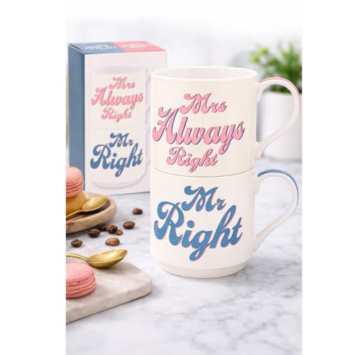 Image of HTUK Mr Right & Mrs Always Right Stacking Mugs – Set of 2 (275ml) Fine China Coffee Cups | Stackable Coffee, Tea & Hot Drinks Mugs | Practical Gift Drinkware for Couples, Men & Women