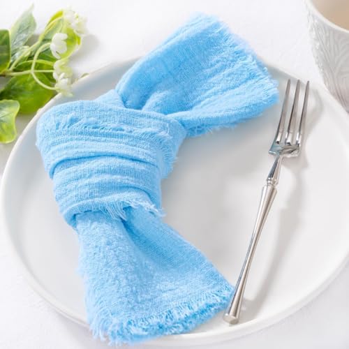 Image of MLMC 6 Pack Baby Blue Cloth Napkins with Fringe Boho Linen Napkins Washable Reusable Rustic Dinner Table Decor 17 inchx17 inch for Wedding Party Bridal Baby Shower Gender Reveal Decor