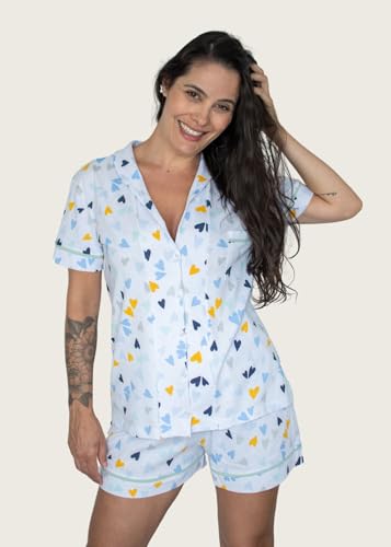 Pijama Algodão Feminino Curto Americano Manga Curta com Botão Botões Verão Adulto indicado Gestante