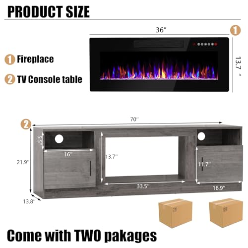 VITESSE TV Stand with 36\" inch Electric Fireplace Up to 80\" TVs, LED Light Entertainment Center, 70\" Modern Wood High Gloss Fireplace with Highlight Storage Cabinet for Living Room (Grey)