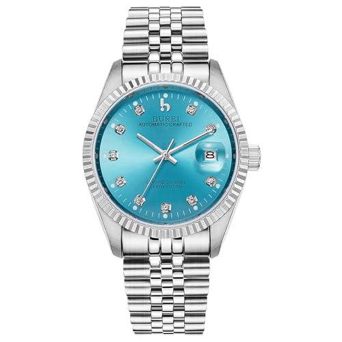 BUREI 38mm Automatik Uhr Herren Luxus Diamant Armbanduhr für Männer Mit Saphirglas Datumskalender (Hellblau Silber)