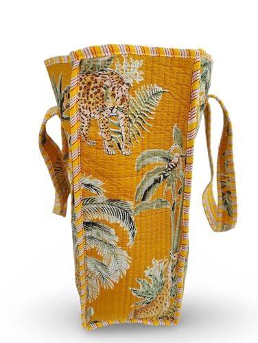 Image of Cotton Tiger Block Print Tote Bag, Indian Handmade Shopping Shoulder Bag, Unisex Market Daily Use