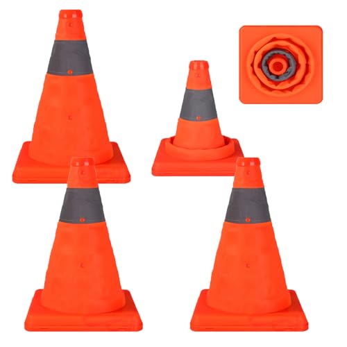 WOPPLXY 4 Pcs 12 Inch Collapsible Traffic Cones, Multi-Purpose Pop up Road Cones with Reflective Collar for Road Safety, Orange Cones for Training, Parking Lot and Driving Practice