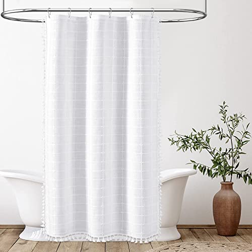 Image of BTTN Half Boho Farmhouse Linen Water Repellent Shower Curtain, White, 36x72 | Stall Size, Heavy Duty Fabric, 6 Plastic Hooks, Three-sided Tassels, Bohemian French Country, Machine Washable, Wrinkle Free